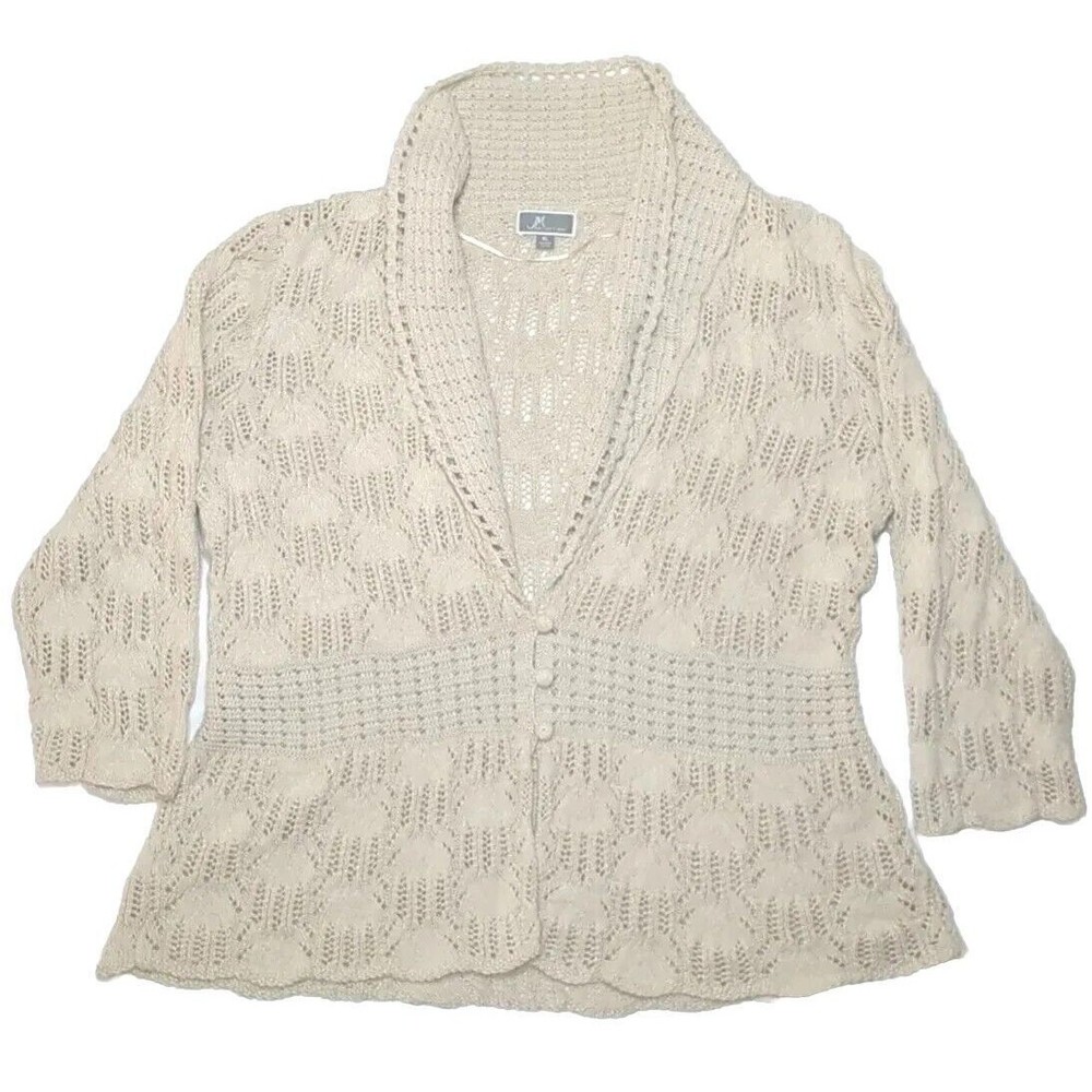 JM Collection Women Sweater Jacket XL Beige Cardigan Crochet Open Knit Buttons‎
